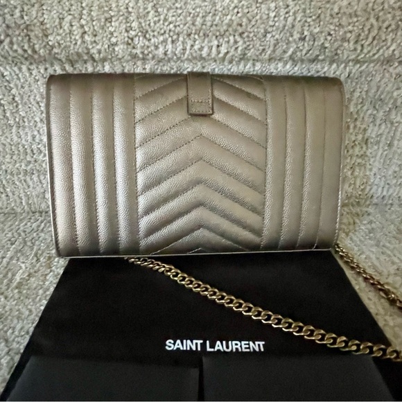 Saint Laurent Envelope Triquilt YSL Wallet on Chain Metallic Taupe BRAND NEW - Picture 11 of 11